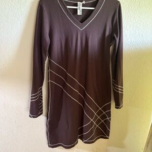 Brown Long Sleeve Dress with White Accents